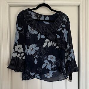 Chapter One Navy Floral Ruffle-Trim Sheer Blouse Size L NWT